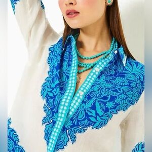 Lilly Pulitzer Kiran Button-Down Top Breezy Aqua Jungle Escape Engineer print
